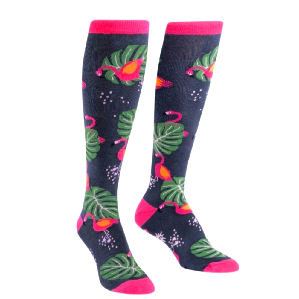 Sock It To Me Flamingo and Leaf Pattern Knee-High Socks
